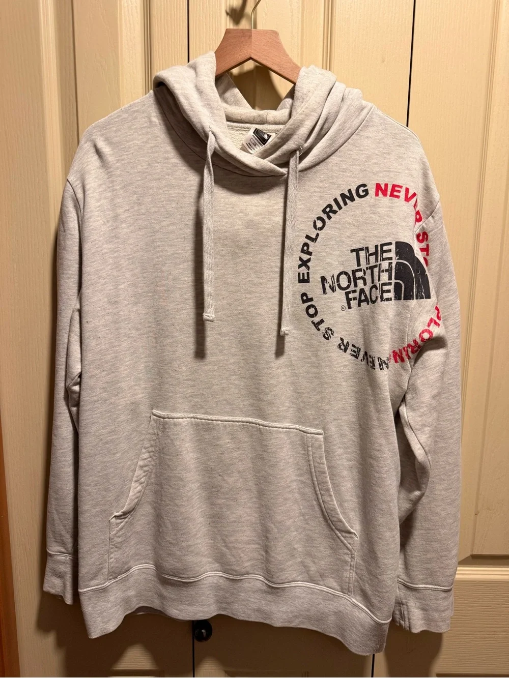 The North Face Men’s Heather Light Gray Hoodie with Black & Red Logo